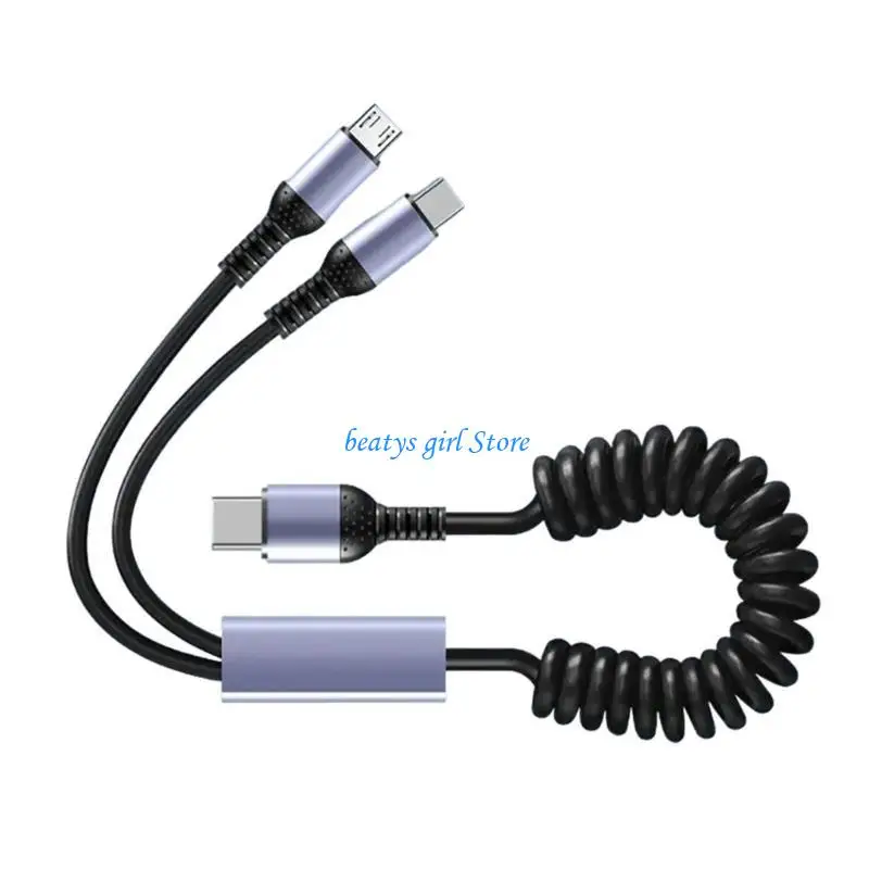C7AB Portable Double Port Charging Wire for MicroUSB and Type C Gadgets, Spring Mechanism, 66W Power Delivery