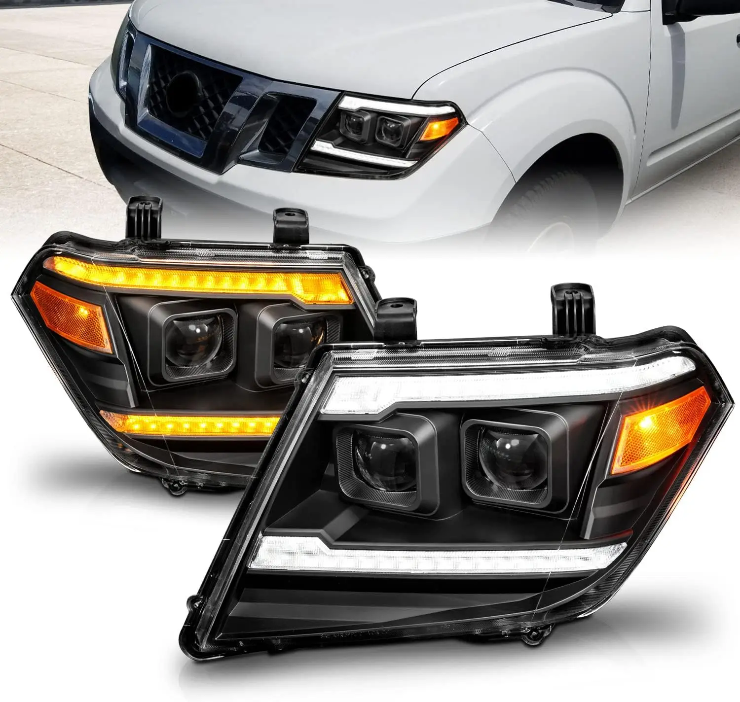 

for 2009-2020 Nissan Frontier Pickup Truck LED DRL Tube Switchback Sequential Signal Black Projector Headlights Set - Passenger