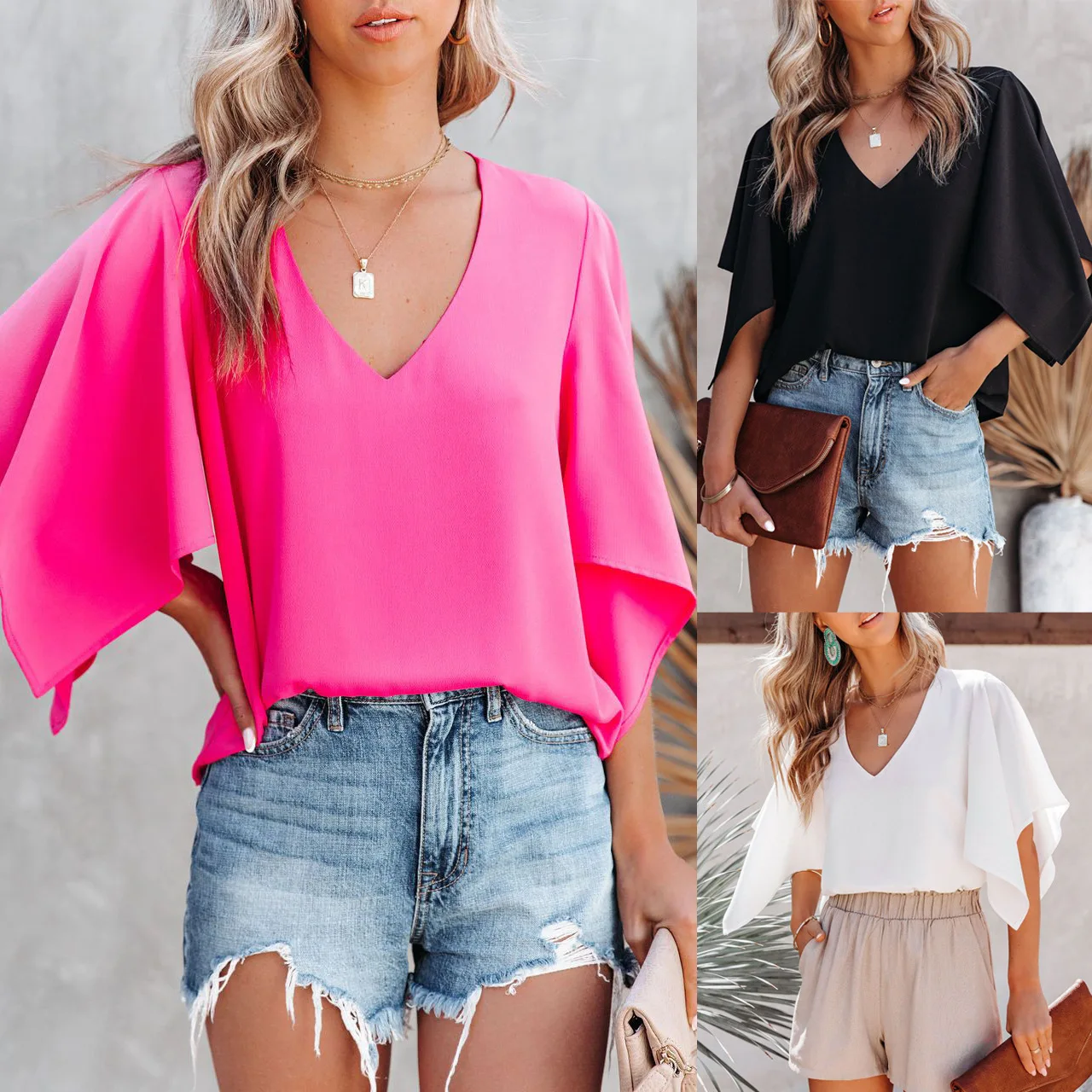 

2026 Women‘s Loose V-Neck Shirt Casual Summer Blouse Multi-Color Versatile Oversized Top Home Vacation Everyday Wear