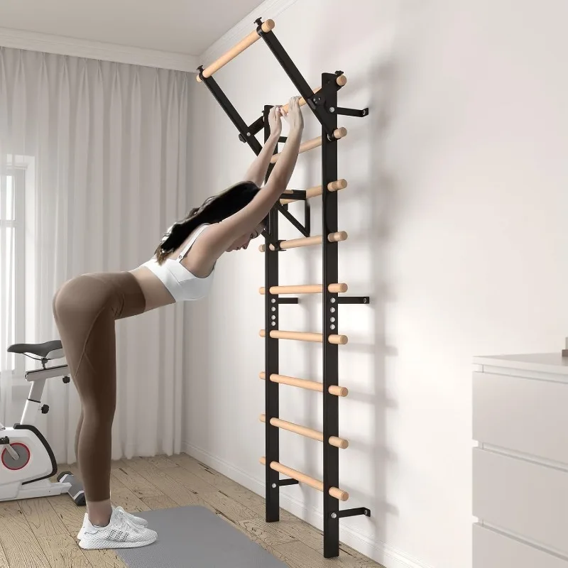 ラダー・ウッド・ストールバー、懸垂バーとディップバーアタッチメント付きサスペンショントレーナー、9つの戦略的用途を持つ木製ストールバー