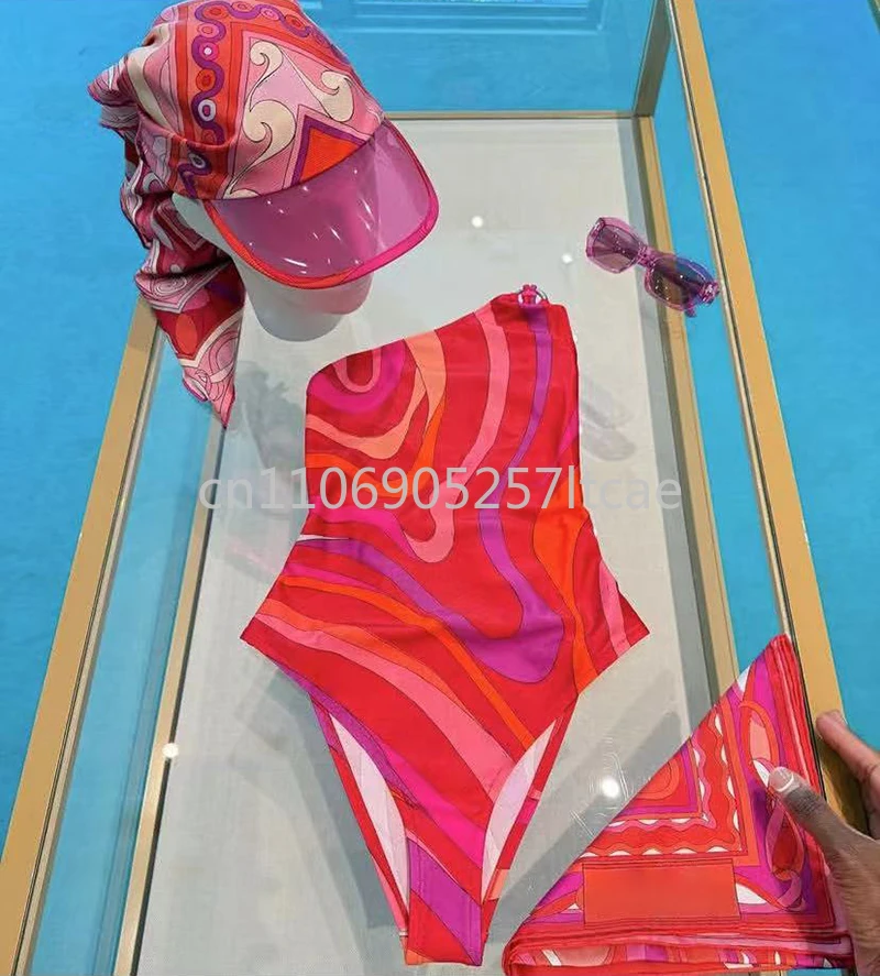 

Luxury Brand Women's Red One Shoulder Swimsuit Letter Signature Logo Scarf Swimsuits Designer Brand Lady Headband Bikini Sets