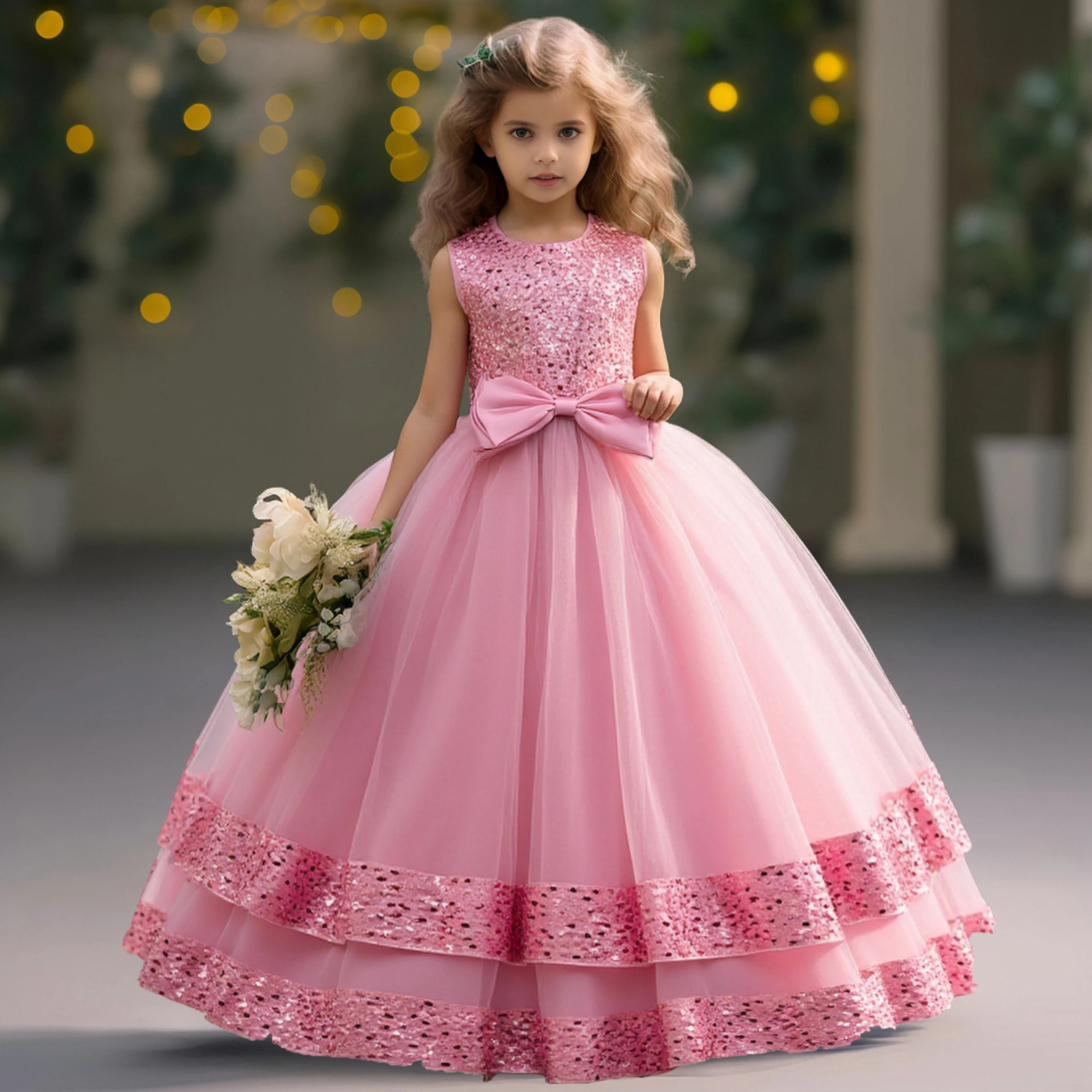 

Elegant Sequin Bridesmaids Party Girls Dress Summer Bow Wedding Princess Dresses Birthday Graduation Evening Prom Kids Clothing