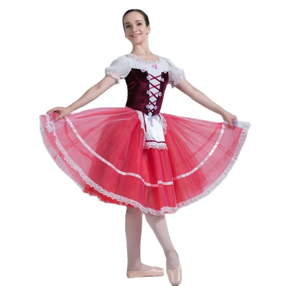 20017 Burgundy Velvet Top Bodice Ballet Costumes Red Tulles with Ribbon tutu Ballet Tutu