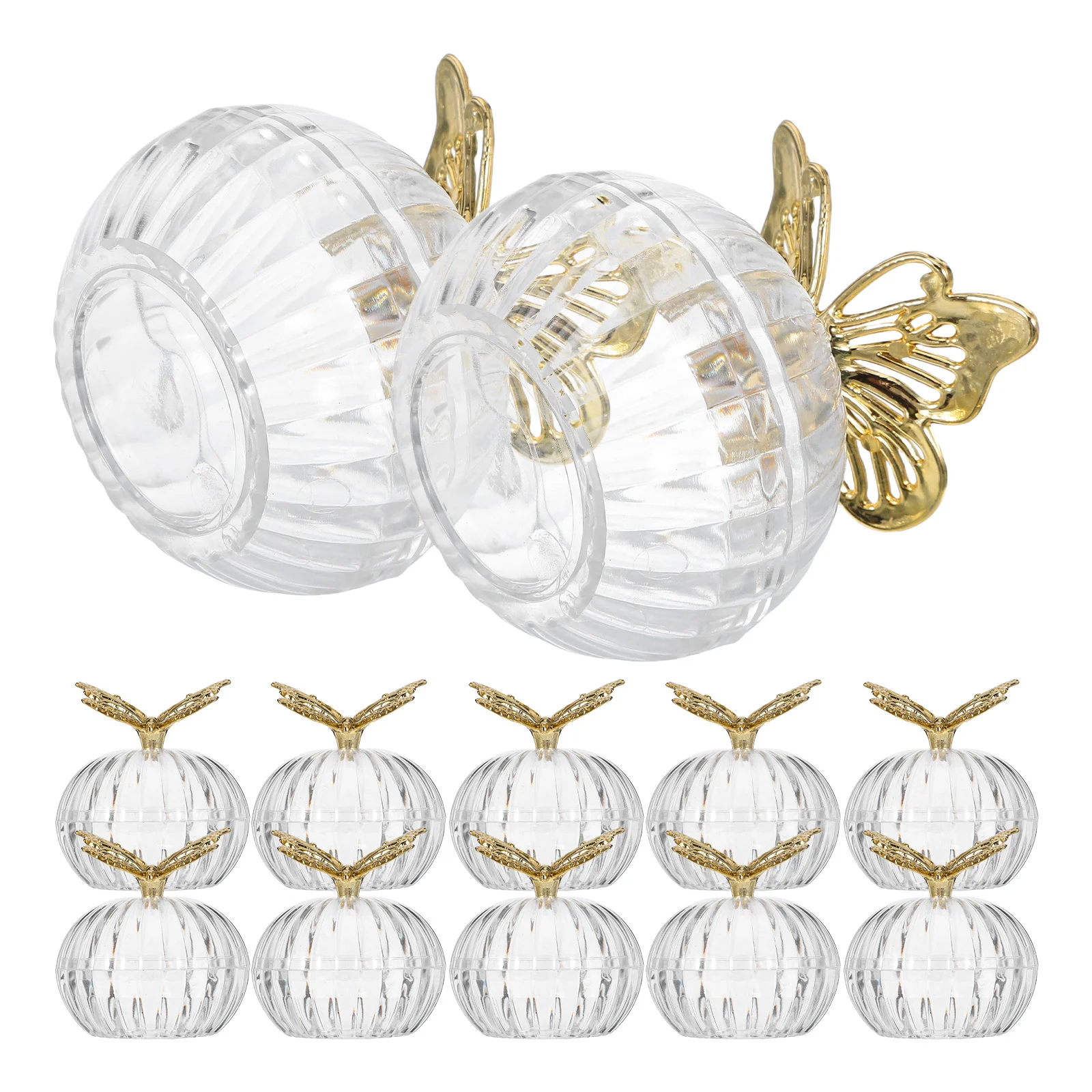 

12Pcs Wedding Favor Candy Boxes Luxurious Gold Plated Butterfly Transparent Round Bottom Plastic Storage Holder for Wedding