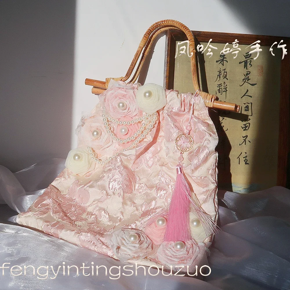 

Vintage handmade pink rose pearl national style bamboo wedding bag handbag