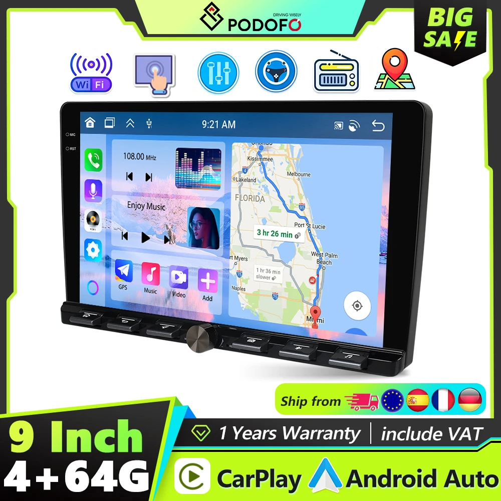 Podofo 2DIN 4G LTE Autoradio universel Android 4+64G, Carplay sans fil, Android Auto, lecteur multimédia, WIFI, GPS, Navi, FM/RDS, stéréo