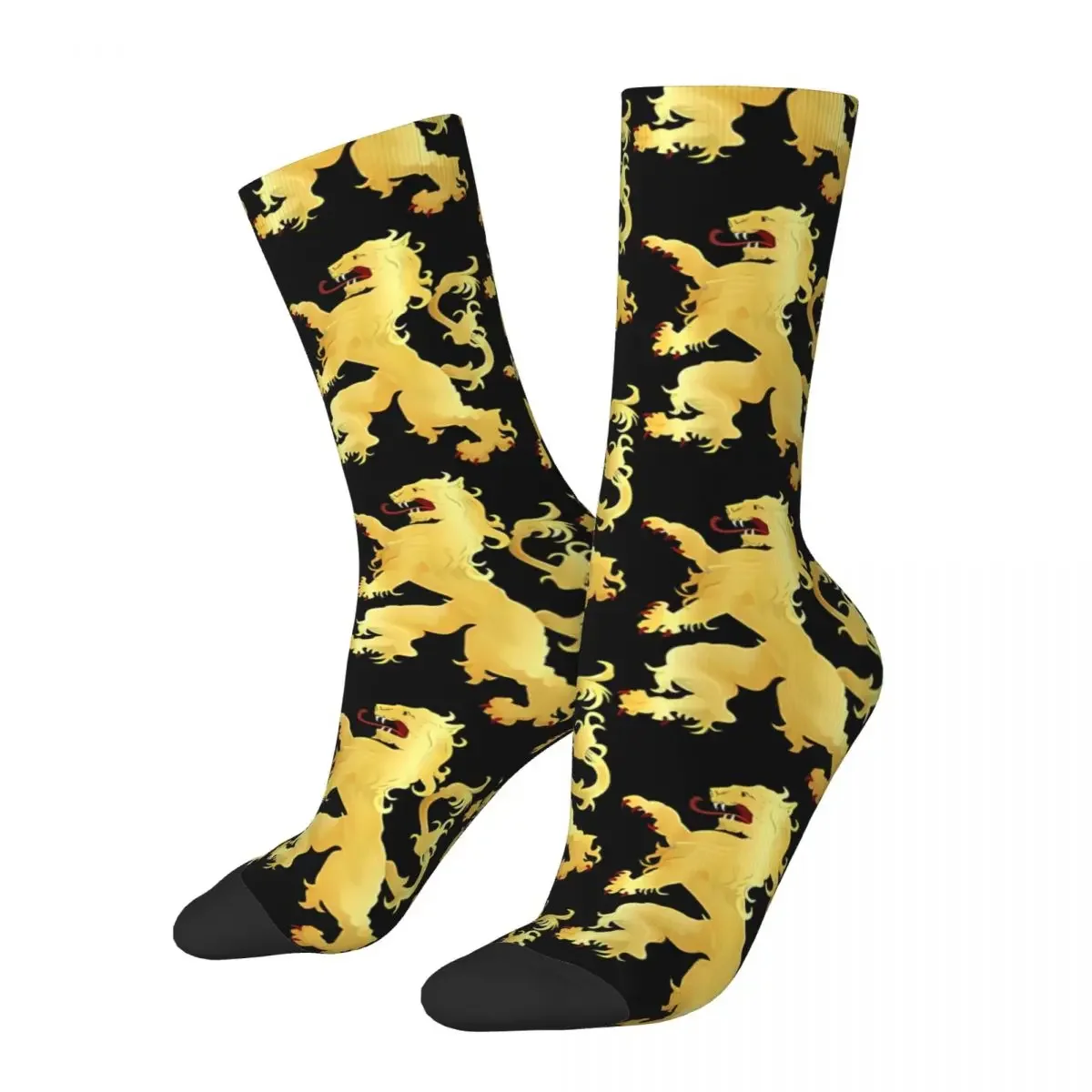 Happy Men's Socks Rampant Vintage Golden Lion And Damask Hip Hop Novelty Crew Sock Gift Pattern Printed