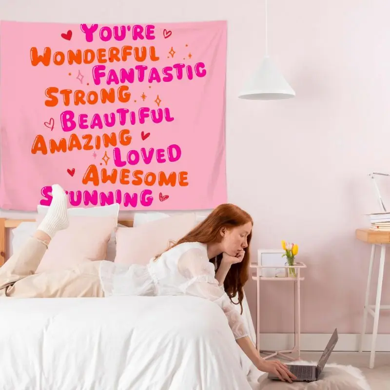 VIKAMA Pink Inspirational Heart Tapestry, Motivational Wall Hanging, Aesthetic Bedroom Dorm Wall Decor, Positive Energy Decor