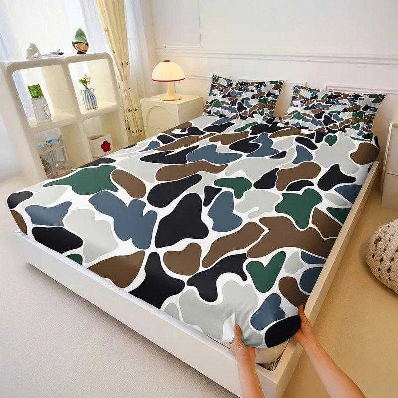 3Pcs Fitted Sheet Set,Retro Color Camo Print,Elastic Deep Pocket Bedding,Soft Machine Washable,Stylish Decor For School Dorm