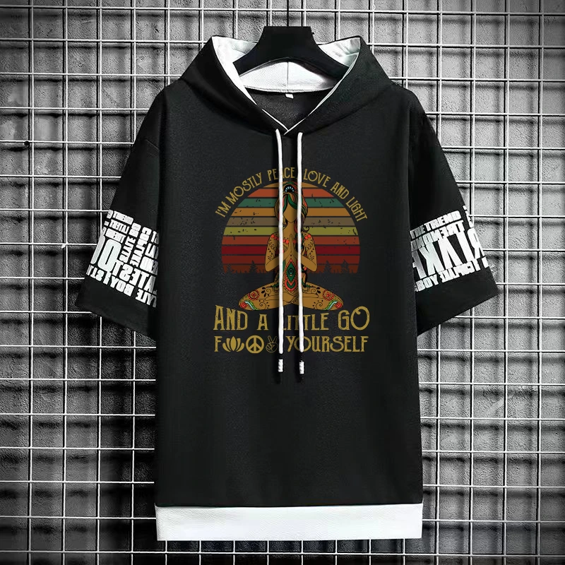 Harajuku Hooded T Shirts Funny Meditation Yoga Graphic T-shirts for Men Women Summer Short-sleeve Tops Streetwear Men Clothing