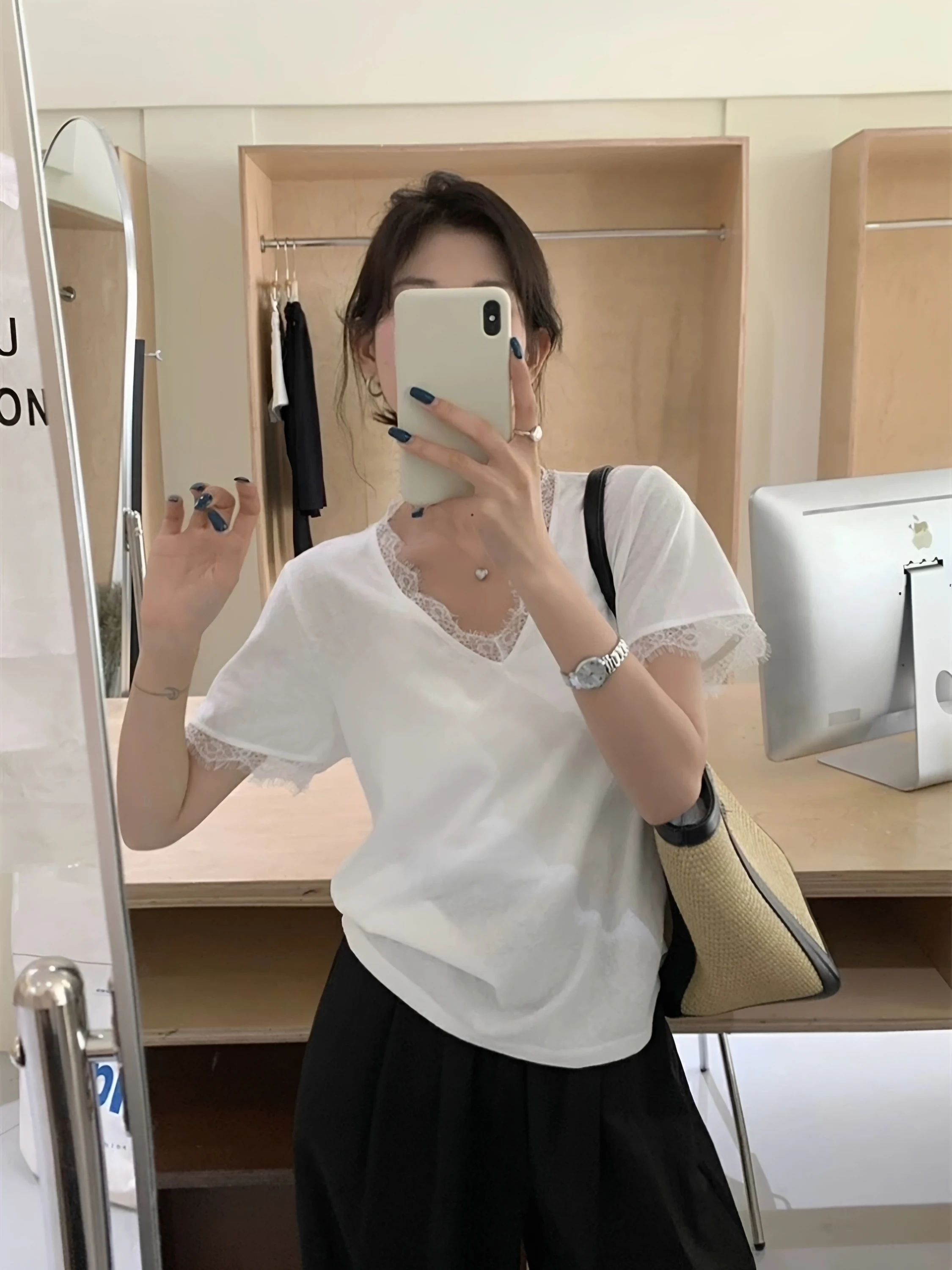 

Summer Ice Silk Snowflake Cotton Short Sleeve T-Shirt Women plus Size Loose Fit Slimming Shoulder Appropriate Casual Top