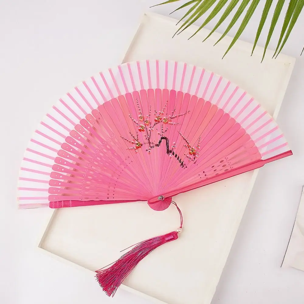 Classical Carved Bamboo Folding Fan Elegant Chinese Style Tassel Folding Fan Photo Prop Flower Handheld Fan Home Decoration