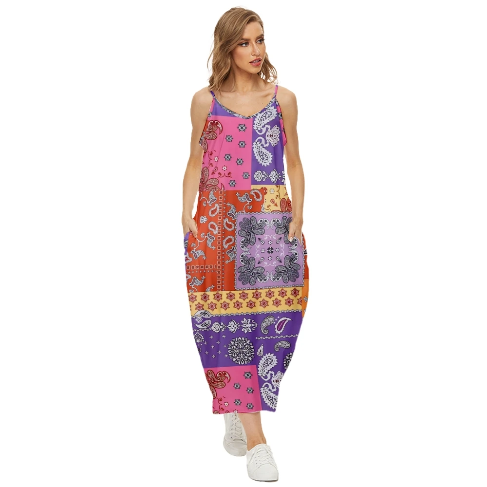 

Women Dress Halter Neck Summer Paisley Splicing Printed Sleeveless Midi Backless Loose Party Sexy Dresses Beach Streetwea