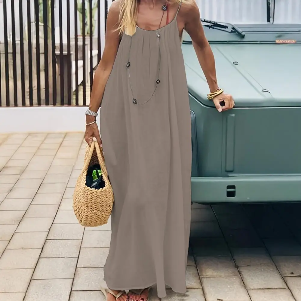 Vestido Feminino, Vestido Cami Sem Costas, Vestido Maxi Boho de Verão, Vestido Longo com Alças Finas e Laço nas Costas