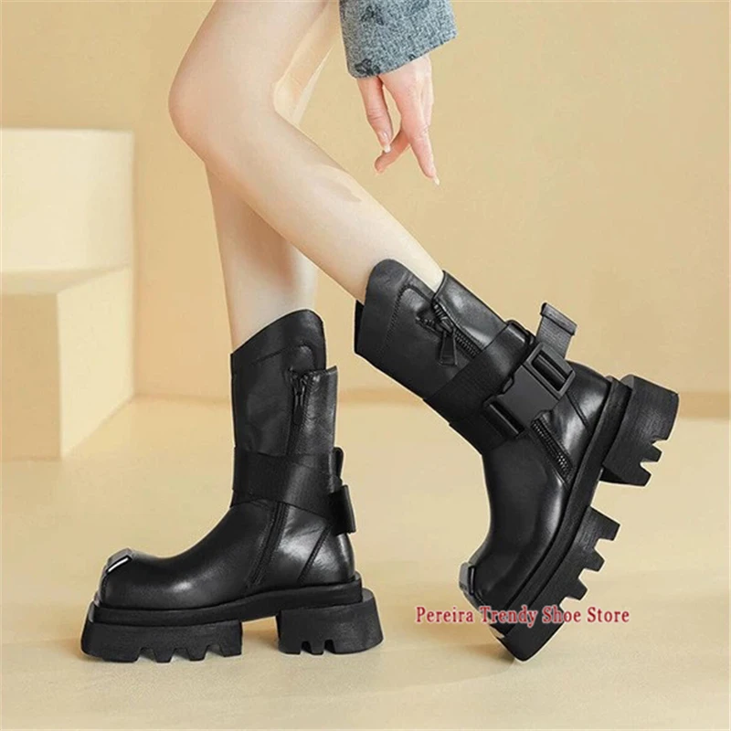 Square Toe Thick Soled Motorcycle Boots Couple Casual Shoes Autumn Winter Men Women Black Leather Buckle Platform Short Boots view 3