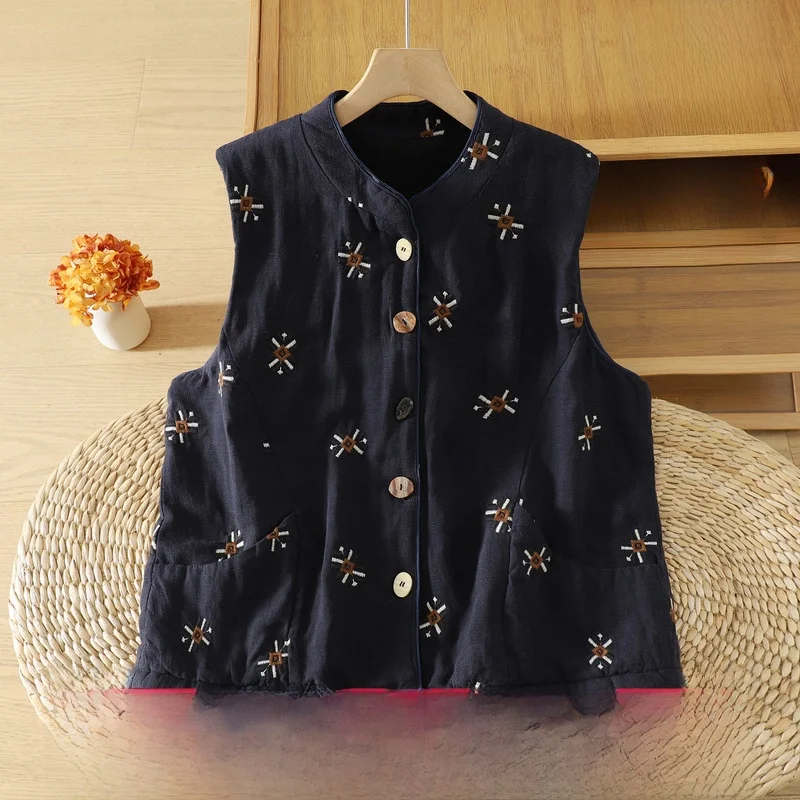 Retro Cotton Polyester Quilted Vest Women's Winter Thickened Warm Outerwear Sleeveless Tank Top Old Money Style Vest