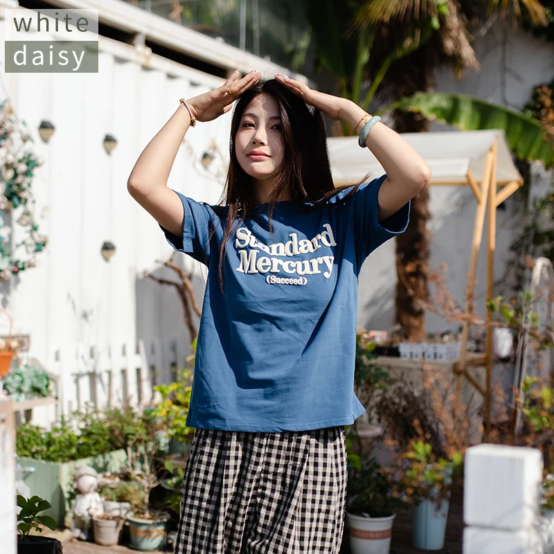 

White Daisy Pure Cotton Letter Print ort Sve T-irt Loose Korean Sle Spring Summer New Arrival Women's Faion Top