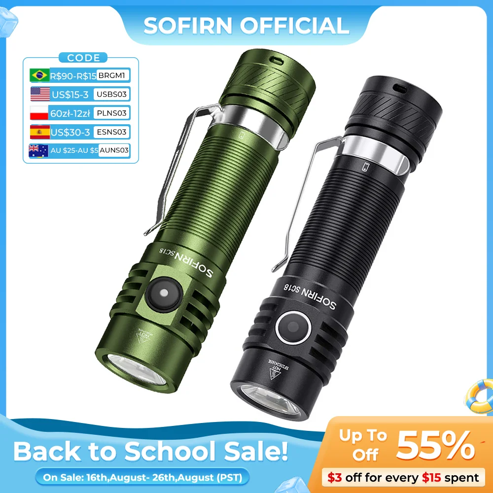 Sofirn SC18 1800lm EDC Taschenlampe USB-C Wiederaufladbar SST40 LED 18650 Fackel TIR Optik-Linse Laterne mit Leistungsanzeige