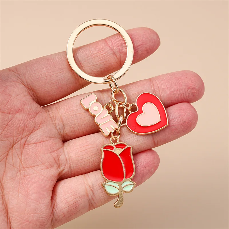 Niedlicher Schlüsselanhänger mit Herz, Emaille-Lippen und Rose für Damen und Herren, Auto-Schlüssel, Handtaschen-Anhänger, Schlüsselketten, DIY-Accessoires – Detail 3
