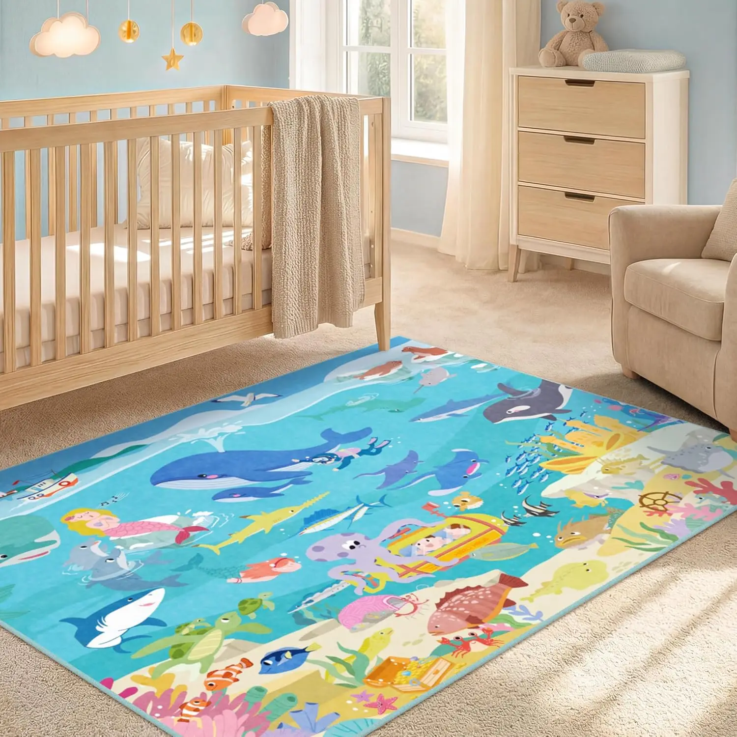Colorful Underwater World Rug for Kids Room Featuring Whales Dolphins Octopus and Treasure