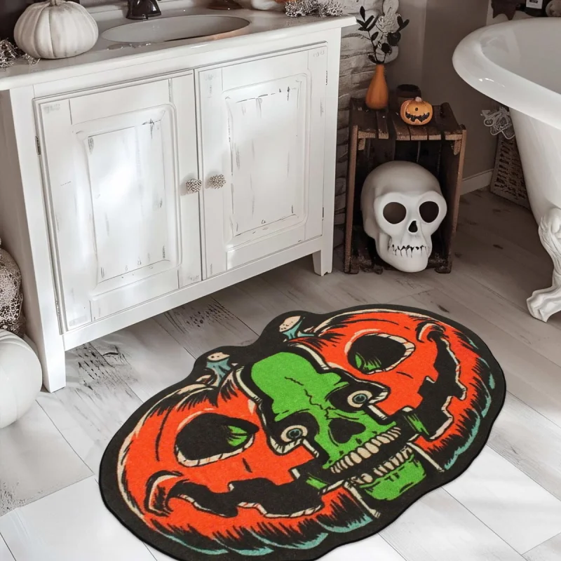 VIKAMA Halloween Irregular Doormat Pumpkin Skull Pattern Non Slip Soft Floor Mat Bathroom Entryway Indoor Holiday Home Decor