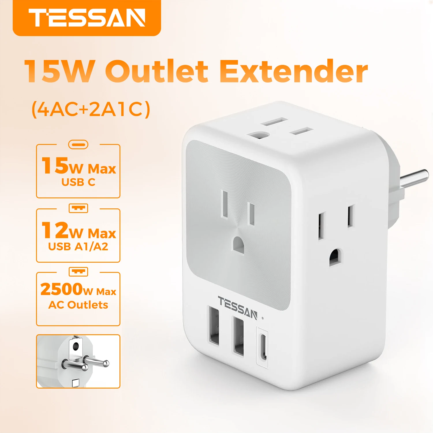 TESSAN US To European Travel Adapter Multi-Country Power Adapter US Plug Converter Compatible with KR DE ES FR IL Type E/F Plug