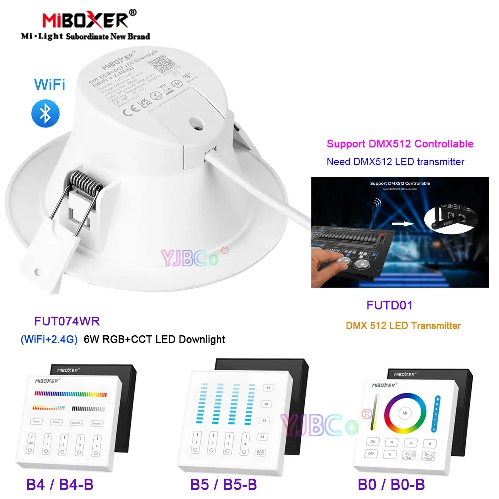 Miboxer Tuya WiFi 2.4G 6W RGB+CCT LED Downlight DMX512/4 Zone Panel Remote control 110V 220V AC Dimmable Bluetooth Ceiling Light