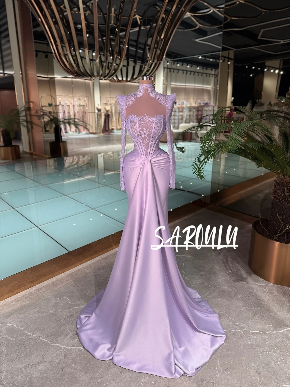 

Glamorous Lavender Satin Mermaid Evening Gown With Lace Elegant High Neck Long Sleeve Party Prom Dress Customized Chic Gala Wear
