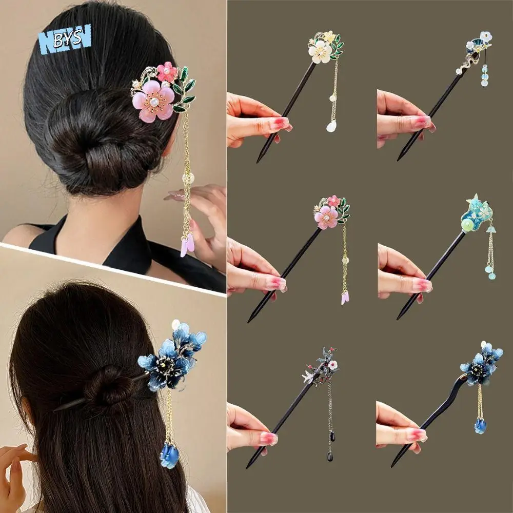 

Chinese Style Flower Hair Sticks Handmade Tassel Hanfu Hair Bun Vintage Wooden Hair Forks Retro Hair Clips for Hanfu Party