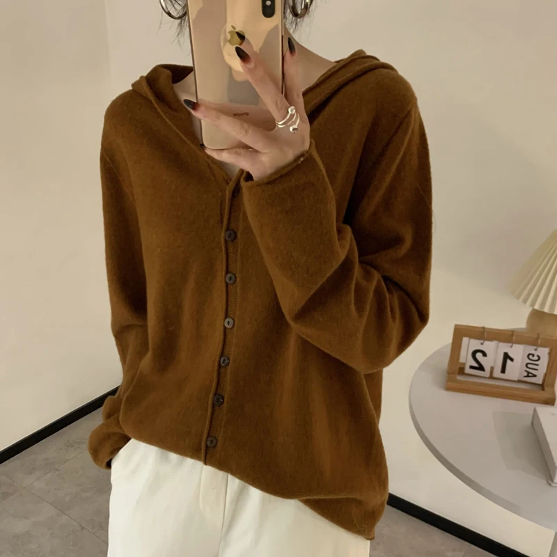 LDZWSM New 100% Wool Sweater  Women Hooded Cardigan Fashion Cashmere Sweater Women Leisure Sweater Autumn And Winter