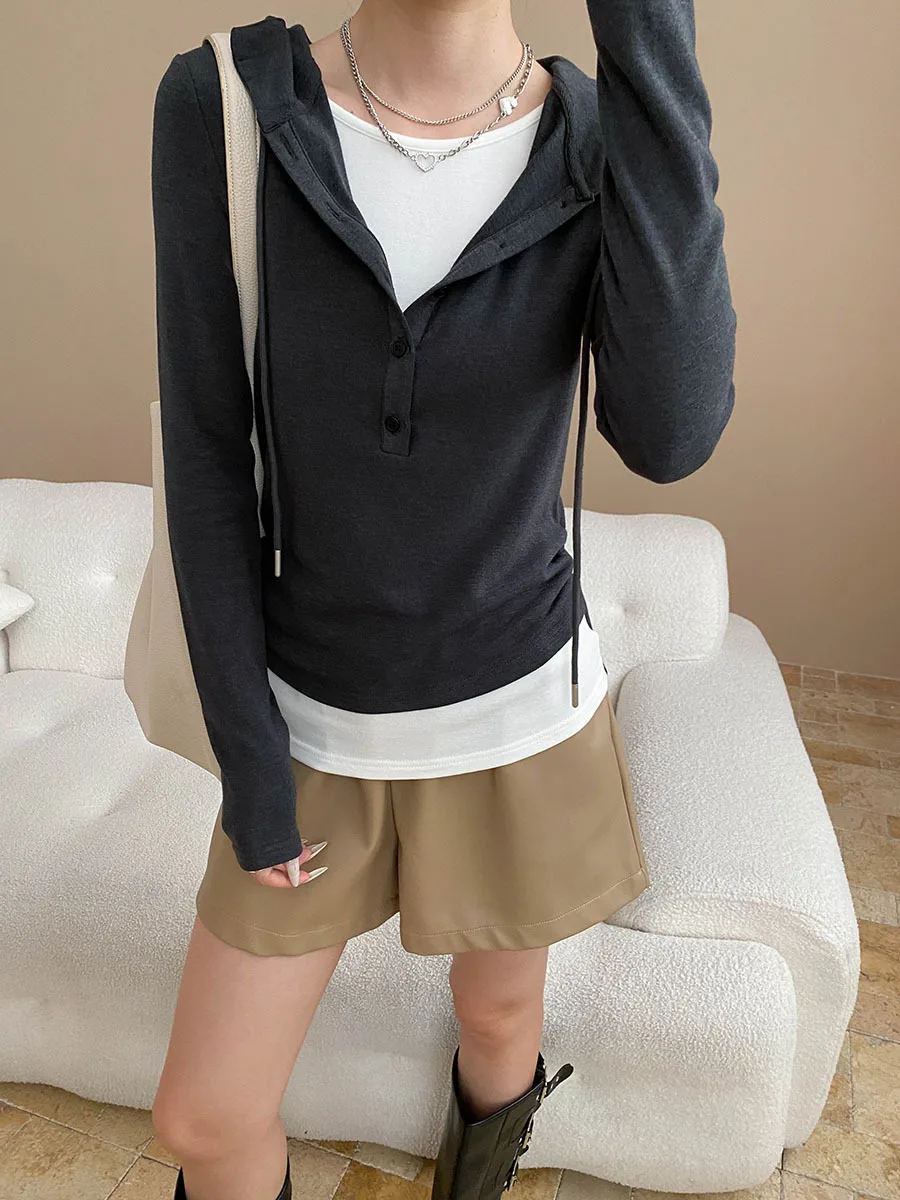 여성 캐주얼 휴가용 투피스 디자인, 드로스트링 후드 긴팔 티셔츠 베이스