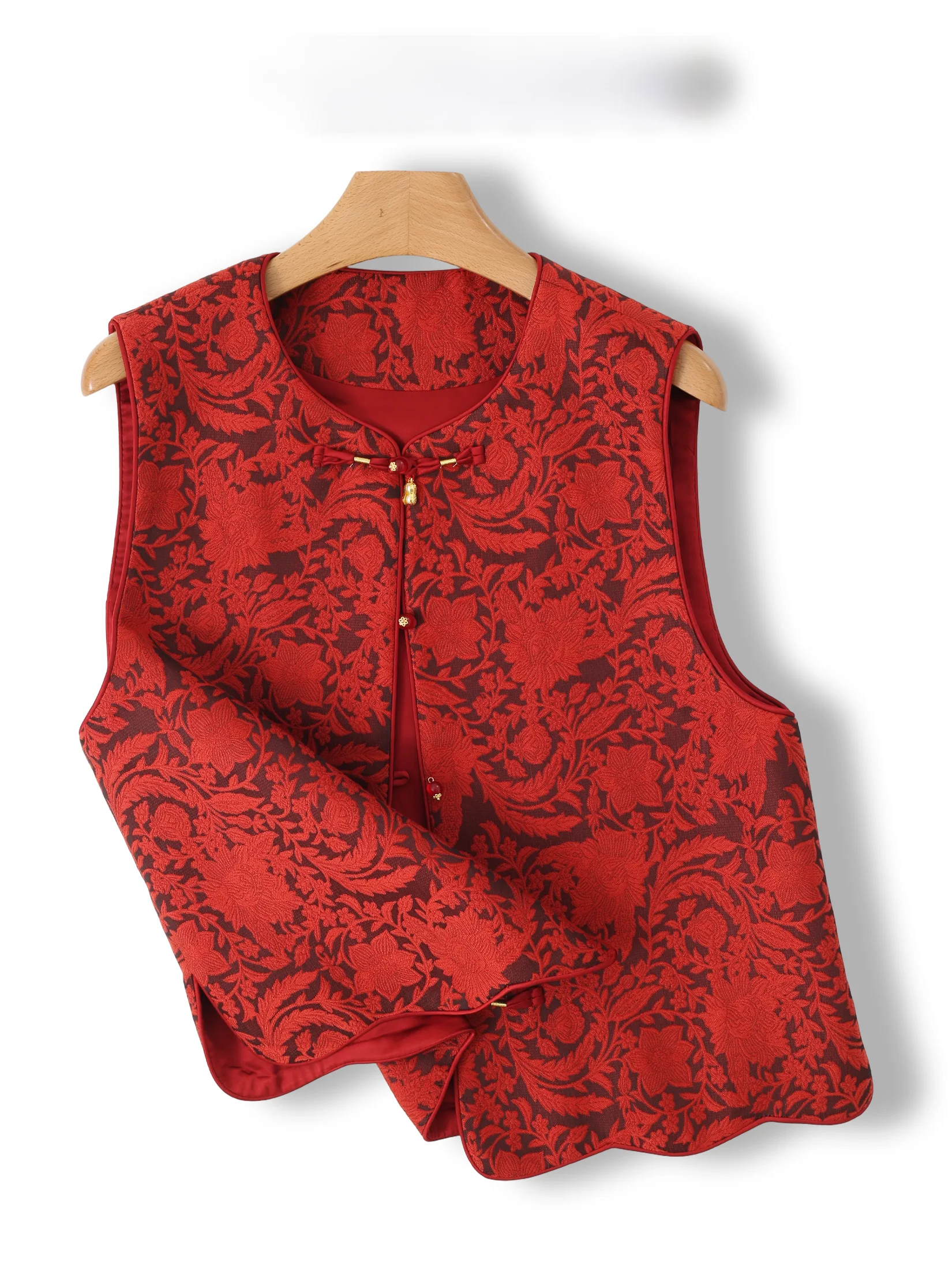 New Year's Red Floral Embroidery Button Vest Women's Retro Style Jacket Chinese Traditional Costume Loose Fit round Neckline