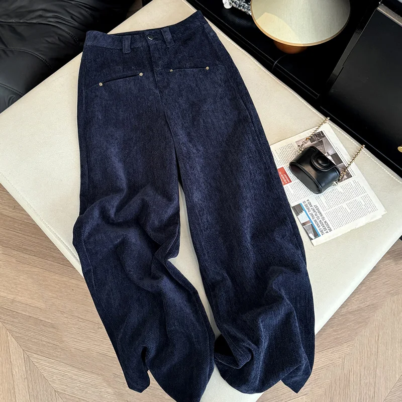 

Темно-синие широкие повседневные брюки женские осень-зима 2025 новые свободные толстые модные универсальные полосатые брюки прямого кроя