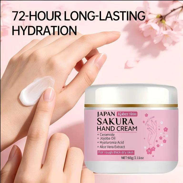 Crème pour les mains Kubzz Skin Sakura 60g – Hydratant à la céramide 72H pour les mains, talons et pieds secs et rugueux, acide hyaluronique et huile de jojoba