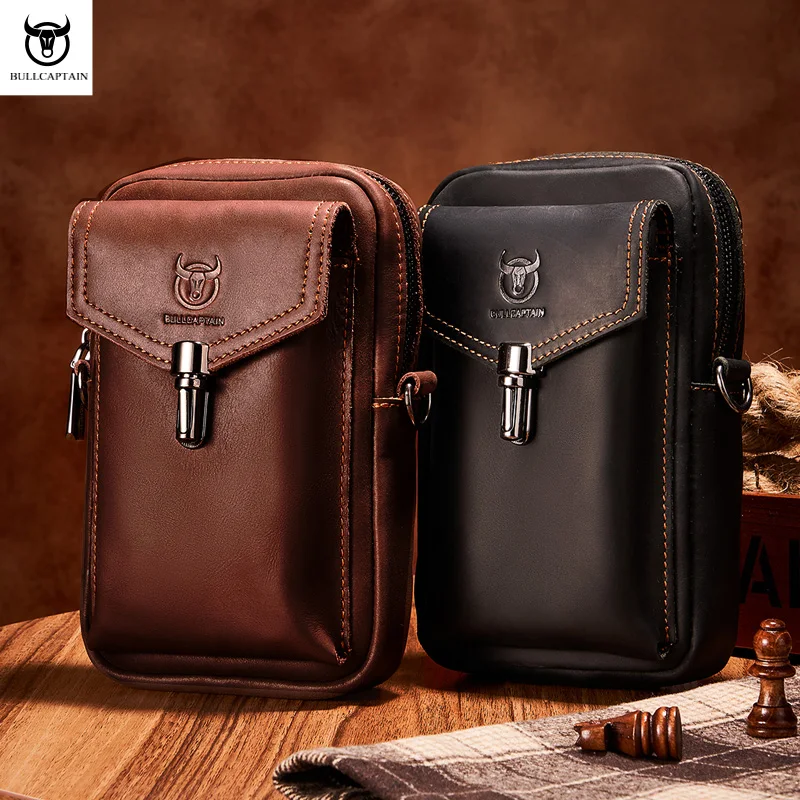 BULLCAPTAIN Crazy Horse Leather Men\'s Waist Bags Multifunctional 7-inch Mobile Phone Bag Bag Male Shoulder Messenger Bages Brown