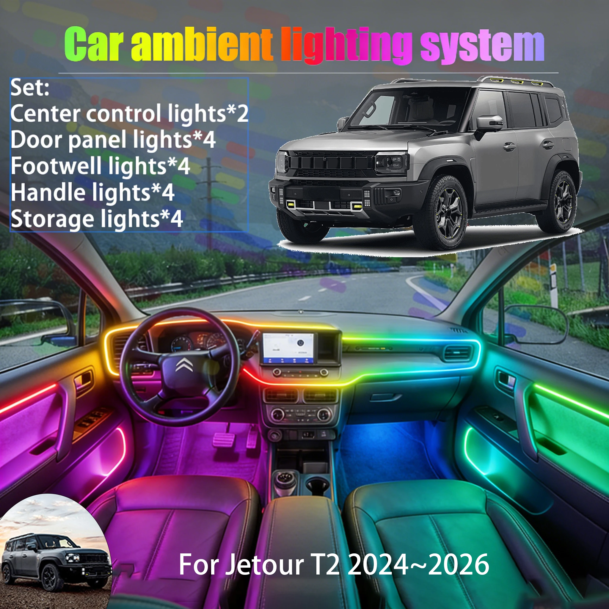 

Для Jetour T2 2024~2026: Комплект светодиодной подсветки салона и багажника 2/18 в 1, USB RGB, с эффектом бегущей строки, автозапчасти