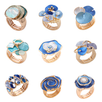 Fashion Blue Drip Oil Geometric Rings for Women Accessories Trendy Elastic Adjustable Wide Gold Color Ring Party Jewelry Gift