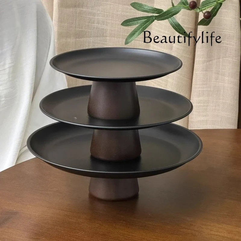 Black high-footed refreshment plate, tea table snacks, high-end stainless steel fruit plate dim sum candy dessert plate