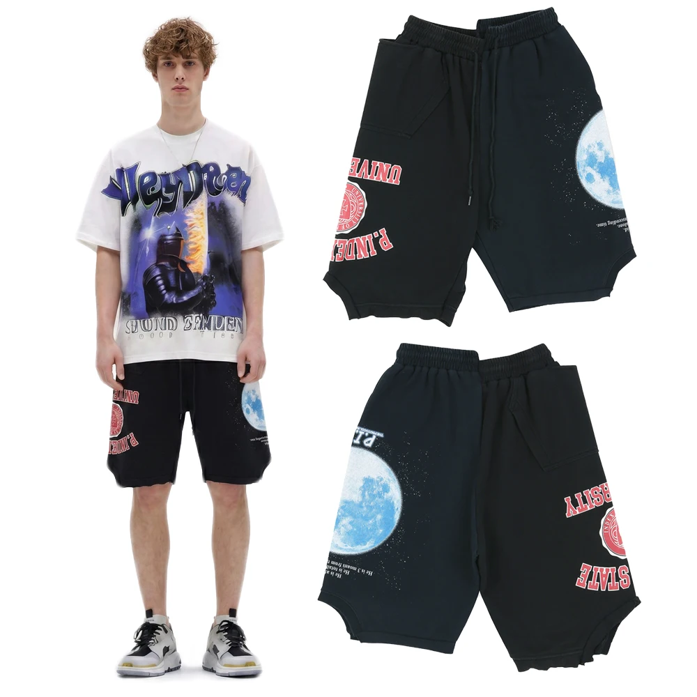 

Summer Streetwear Clothing Asymmetrical Cut Shorts Pants High Street Style Cotton Retro Printed Oversized Casual Short Pants Man