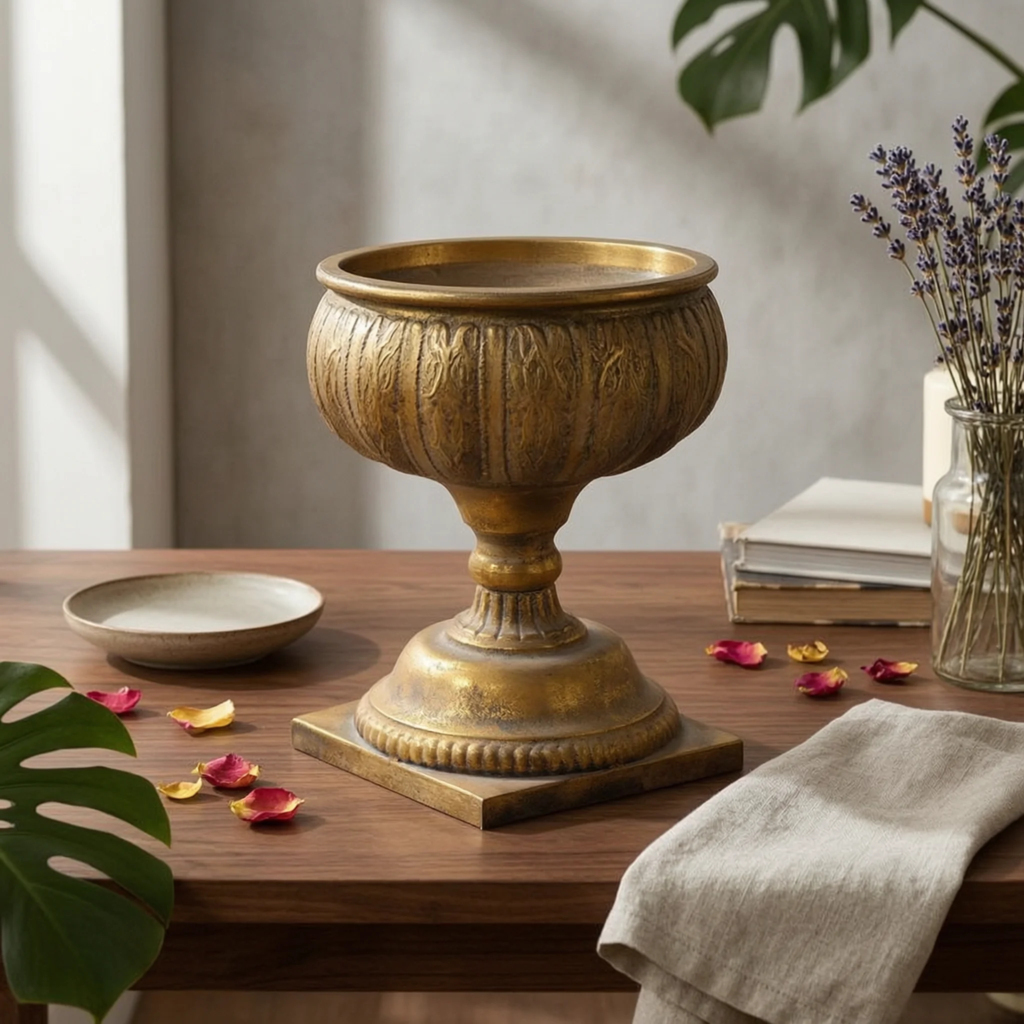 Pedestal Vase Embossed Vase with Scalloped Rim Metal Urn with Square Base Vintage Rustic for Entryway, Living Room