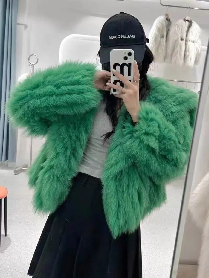 Faux Fox Fur Jacket Coat for Women Winter Warm Lapel Woven Fur Fluffy Jacket Short Top Fashion Short Loose Wool Jackets for Lady