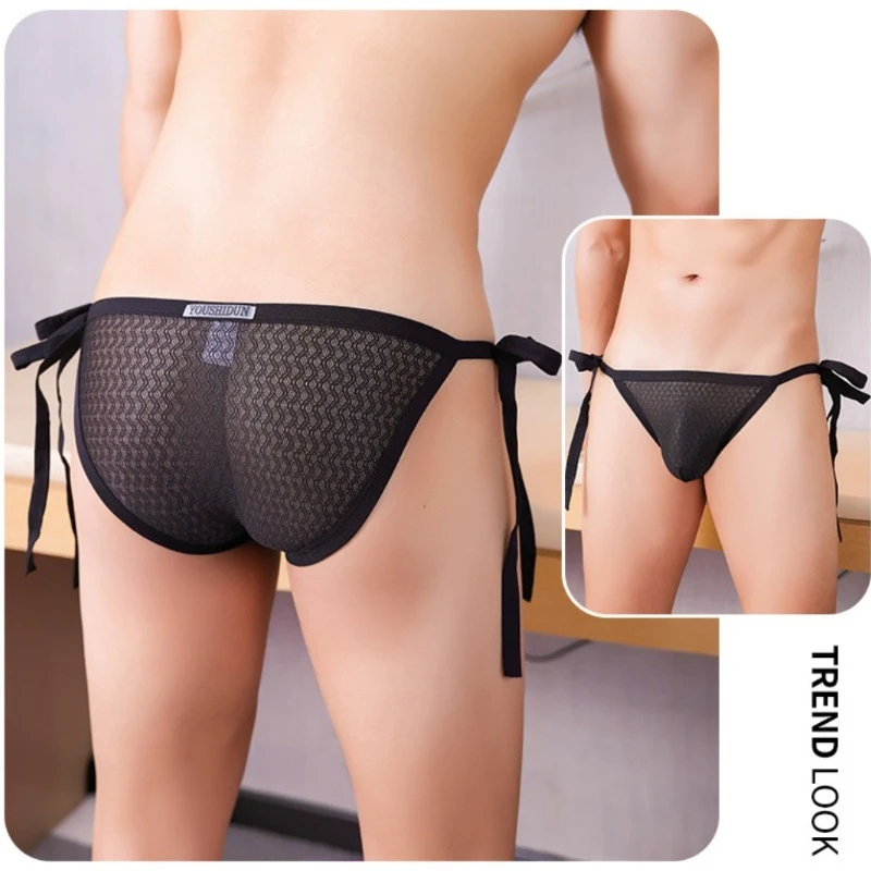 

See Through Lingerie Brief Men's Lace Up Waist Panties Sports U Convex Pouch Underpant Mesh Breathable Underwear Gay Swimwear