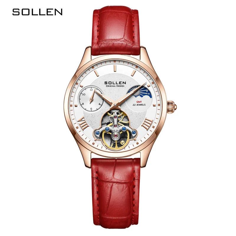 

SOLLEN Brand High-end Women Mechanical Watch Red Fashion Leather Strap Waterproof Luxury Automatic Tourbillon Watches Womens