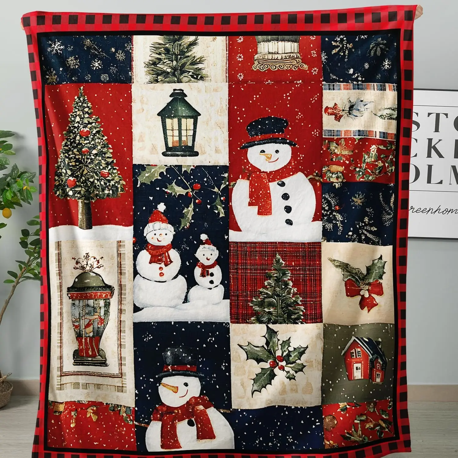 HOSIMA Soft Cozy Christmas Blanket,Red Patchwork Throw Blankets,70L*55W.