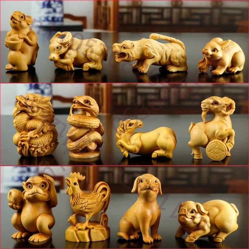 

Набор из 12 фигурок животных китайского зодиака из резного дерева боксwood - коллекционные украшения для дома, офиса, стола, подарок на удачу