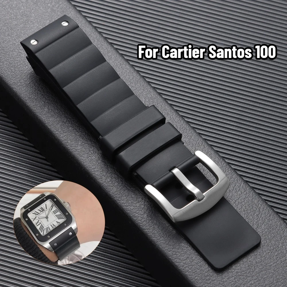 High Quality Rubber Watch Band for Cartier Santos 100 Black Watches Strap Men's Women's Silicone Accessories Bracelet 23mm Wrist
