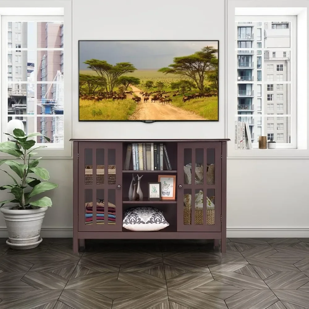 Wooden TV Stand, Console Table with Open Shelves and 2 Tempered Glass Doors, TV Cabinet Entertainment Center for TVs up to 50