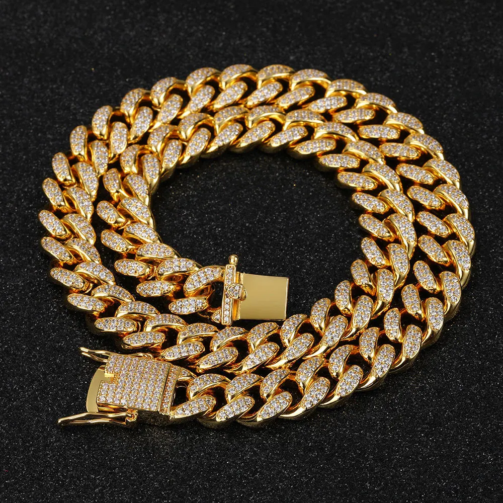 Stainless Steel Cuban Link Chain Hip Hop Accessories Zircon 12mm High Quality Double Row Full Diamond Cuban Hiphop Men