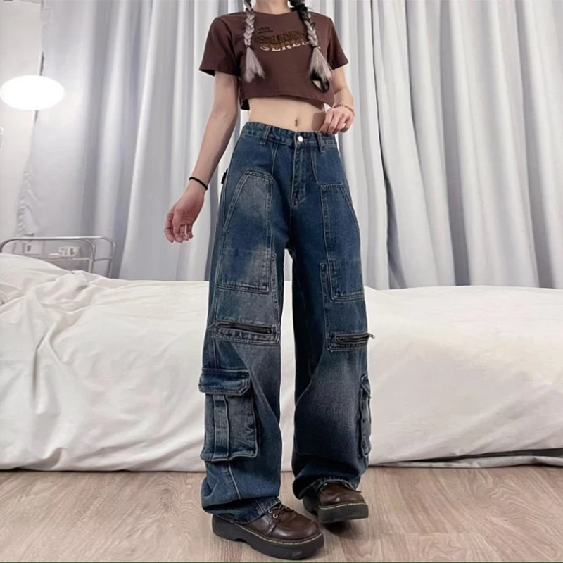 Women's Blue Y2k Cargo Jeans Harajuku 90s Baggy Denim Trousers Japanese 2000s Style Oversize Jean Pants Vintage Trashy Clothes