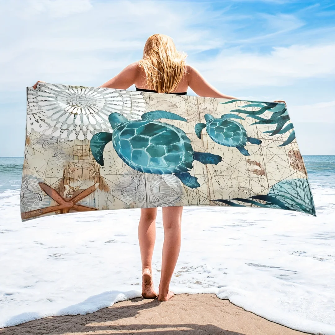 Turtle & Map Design Beach Towel Patterned Sunscreen And Windproof Suitable For Swimming Pool Camping Travel Blanket
